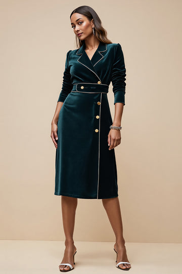 Peacock Blue Velvet V Neck Sheath Work Dress
